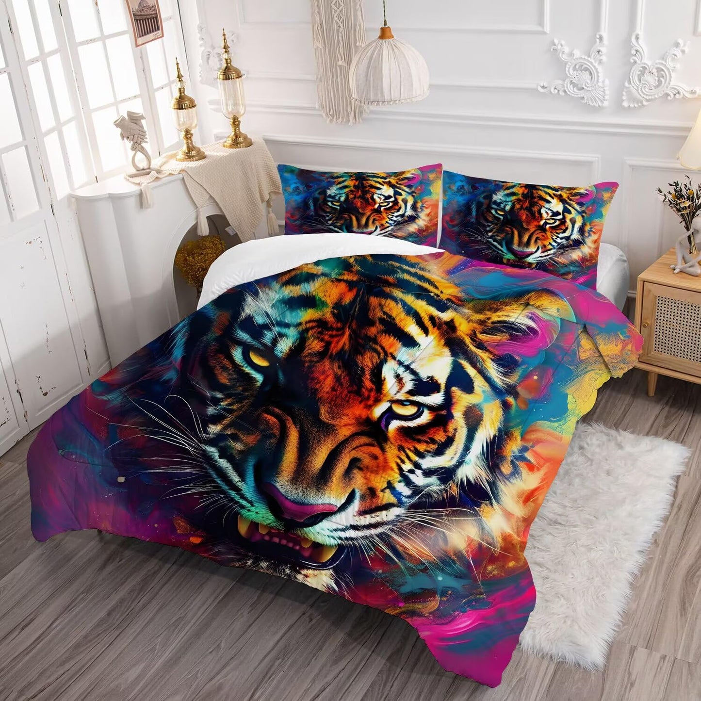 VTKON Tiger Print Bedding Set Queen for Kids Boys Tie Dye 3D Animal Print Bedding Comforter Cover Wildlife Tiger Theme Bedding Set Microfiber 3 Pcs with 1 Comforter and 2 Pillowcases