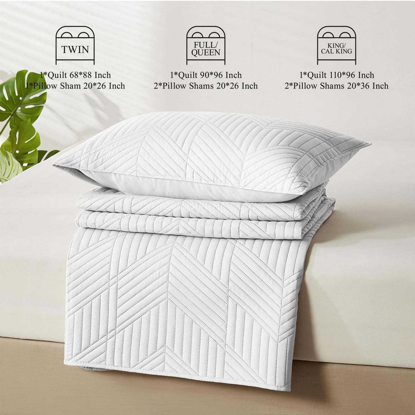 Davulos Queen Quilt Bedding Set,White Ultrasonic Full/Queen Quilt Set Reversible Microfiber Bedspread,Lightweight Soft Modern Geometric Coverlet Set for All Seasons(1 Quilt,2 Pillow Shams)