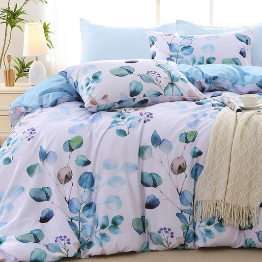 MUXHOMO Bed in a Bag King 7 Pieces, King Comforter Set Reversible Blue Botanical Flowers Design, Ultra Soft & Breathable Bedding Sets with Comforter, Sheets, Pillowcases & Shams