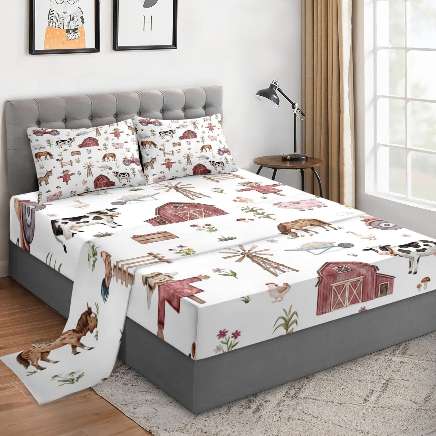 WeCozy Queen Size 4 Pcs Bed Fitted Sheet Set with 14" Deep Pocket, Animal Farm Tractor Flat Sheet Set for Kids and Adults, House Tree Pig Bedding with 2 Pillowcases for Bedroom Decor