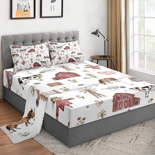 WeCozy Queen Size 4 Pcs Bed Fitted Sheet Set with 14" Deep Pocket, Animal Farm Tractor Flat Sheet Set for Kids and Adults, House Tree Pig Bedding with 2 Pillowcases for Bedroom Decor
