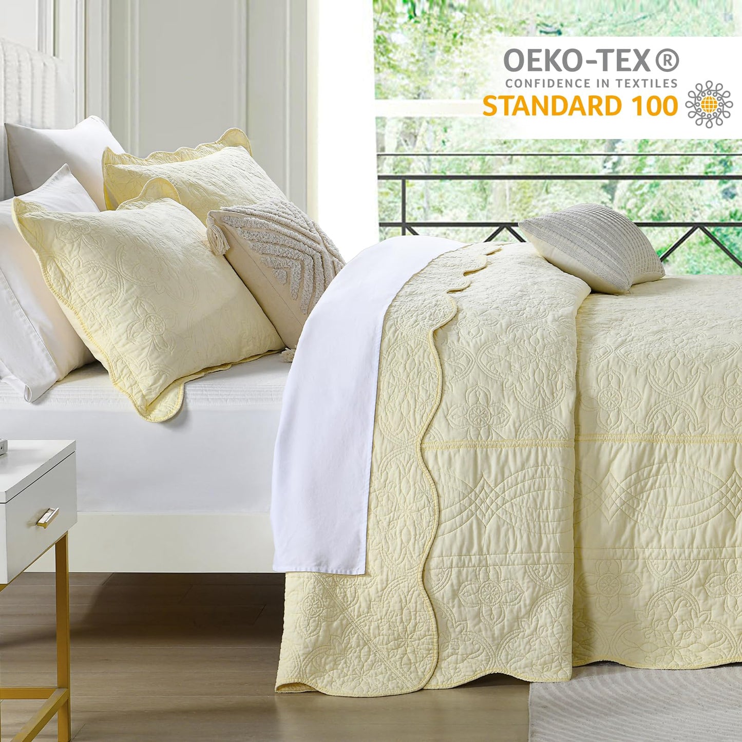Finlonte Oversized Queen Bedspread 120"x102" - 100% Cotton Floral Embroidery Quilted Bedspread, Solid Cream Bedspread Coverlet Set, Lightweight Soft Extra Large Queen Quilt with 2 Pillowshams