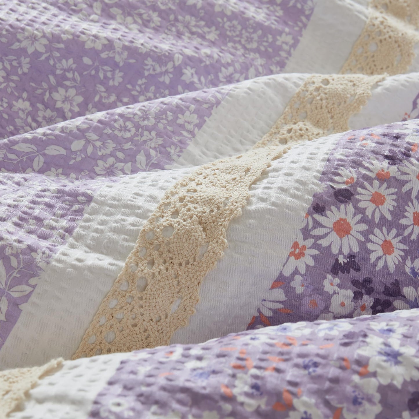 Madison Park Comforter Set, Seersucker Floral King Size Comforter Sets, Microfiber Comforters, All Season Lightweight Comforter, Throw Pillows, Caralie, King/Cal King Purple 5 Piece