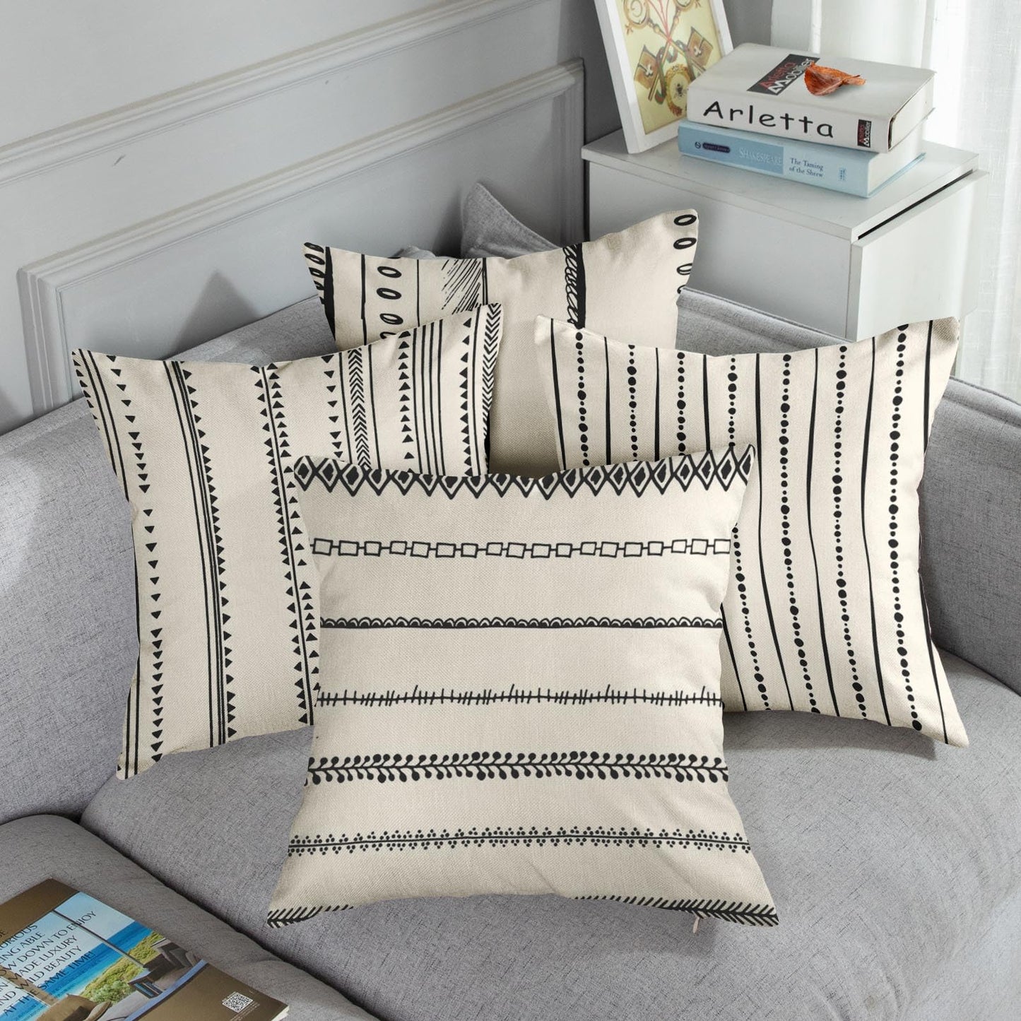 ArtSocket Set of 4 Throw Pillow Covers Pattern Black and White Boho Bohemian Geometric Dots Lines of Borders Decor Linen Outdoor Pillow Cases Home Decorative Square 18x18 Inches Pillowcases