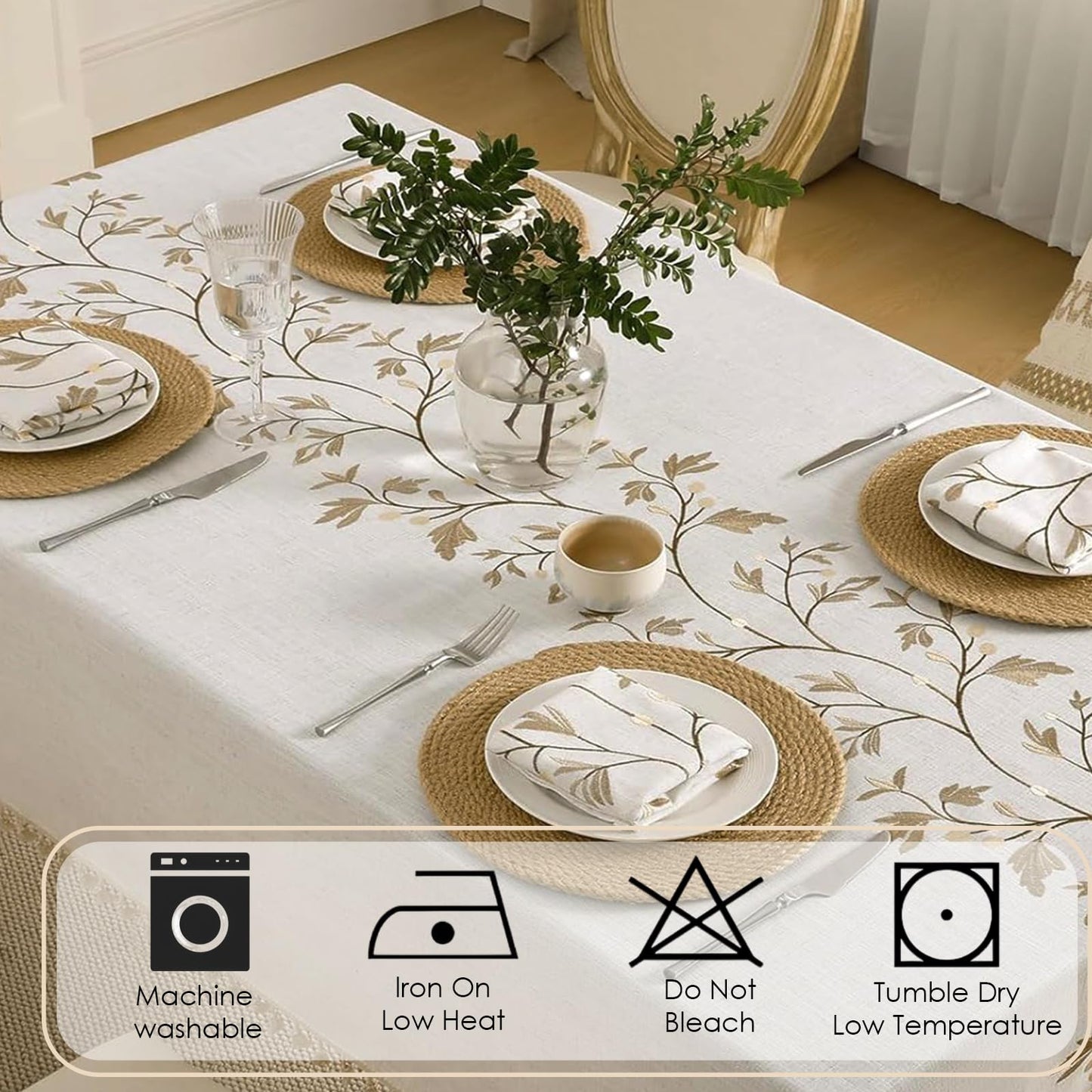 QDTTSRY Rectangle Cotton Linen Tablecloth, Heavy Duty Waterproof Tablecloths Farmhouse Tablecloth, Soft and Wrinkle Free Table Cover with Tassels for Kitchen & Dining (Coffee Flower, 70" x 55")