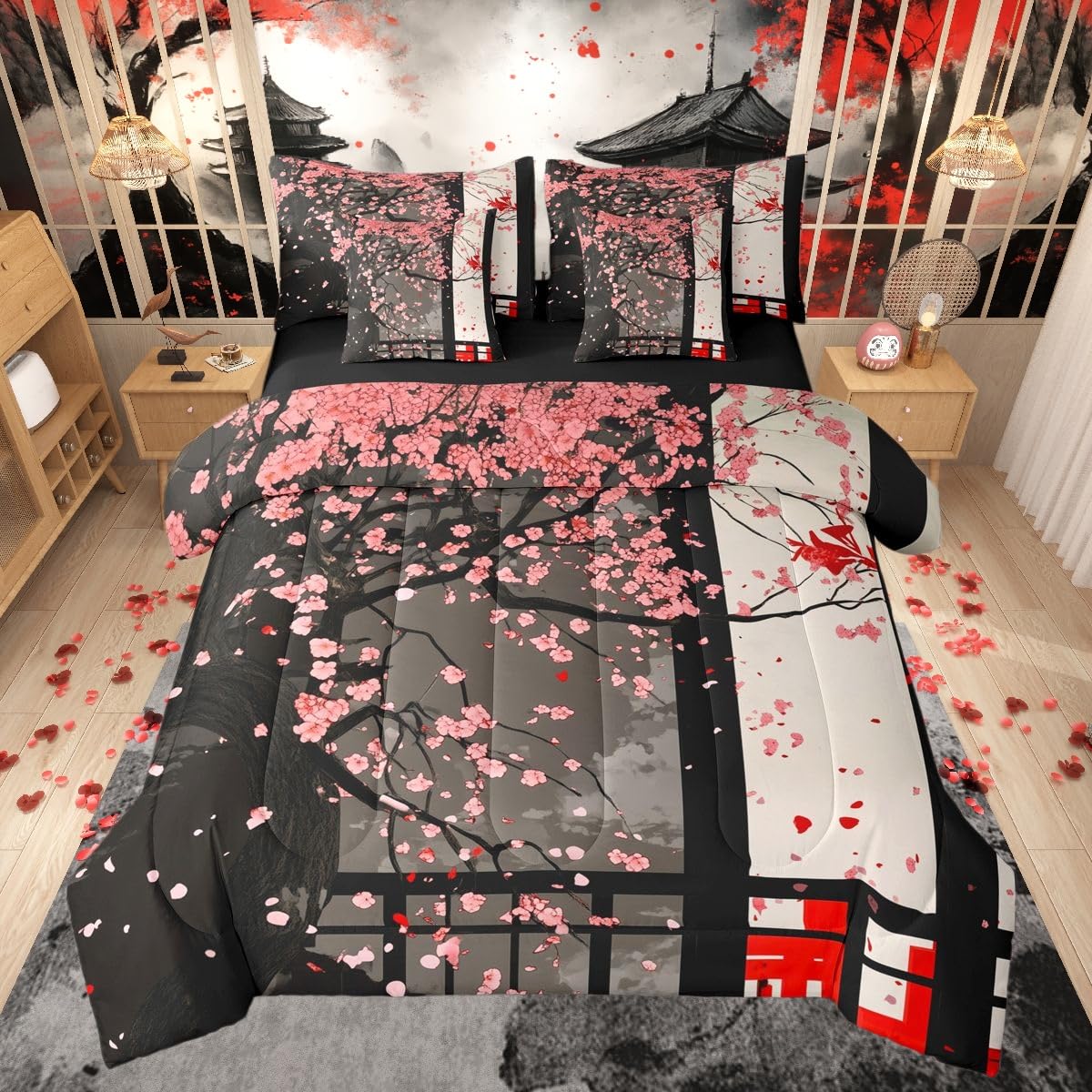 Erosebridal Japanese Style Cherry Blossom Twin Comforter Set with Sheets 7 Piece Pink Sakura Flowers Bed in A Bag Oriental Building View Bedding Sets for Kids Adults,Asian Art Bed Set
