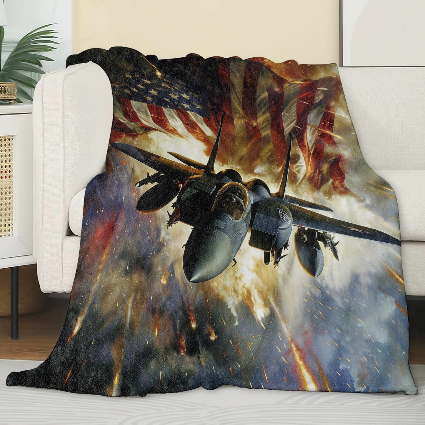 Zeleda Air Force Patriotic Blanket,Gifts for Adults,Lightweight Flannel Throw Blankets,Retro Air Fighter with American Flag Background Throws Home Decor,for Couch Living Room Office,60x50inch