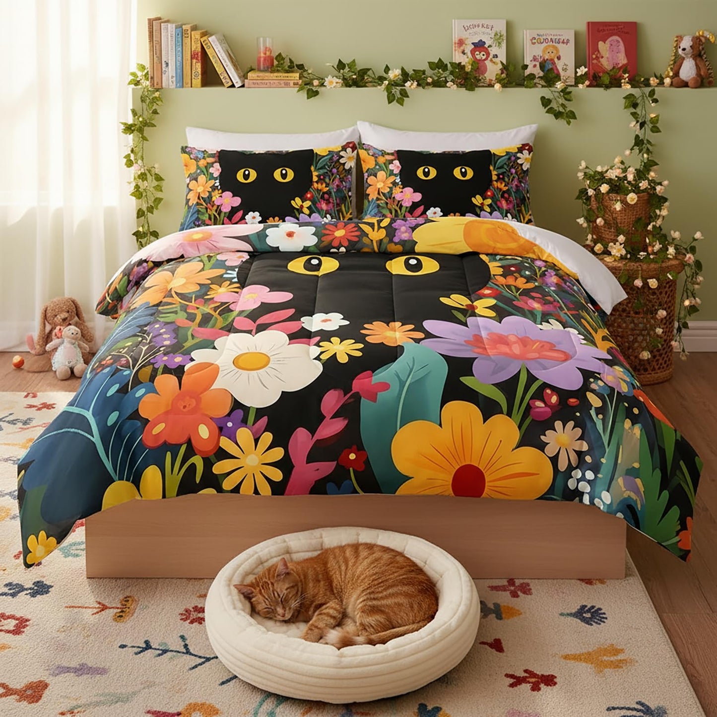 QOOMO 3Pcs Cat Comforter Set Twin,Black Cat Bedding Set for Teens Boys Girls,Floral Printed Comforter with 2 Pillowcases,Down Alternative,Soft and Lightweight
