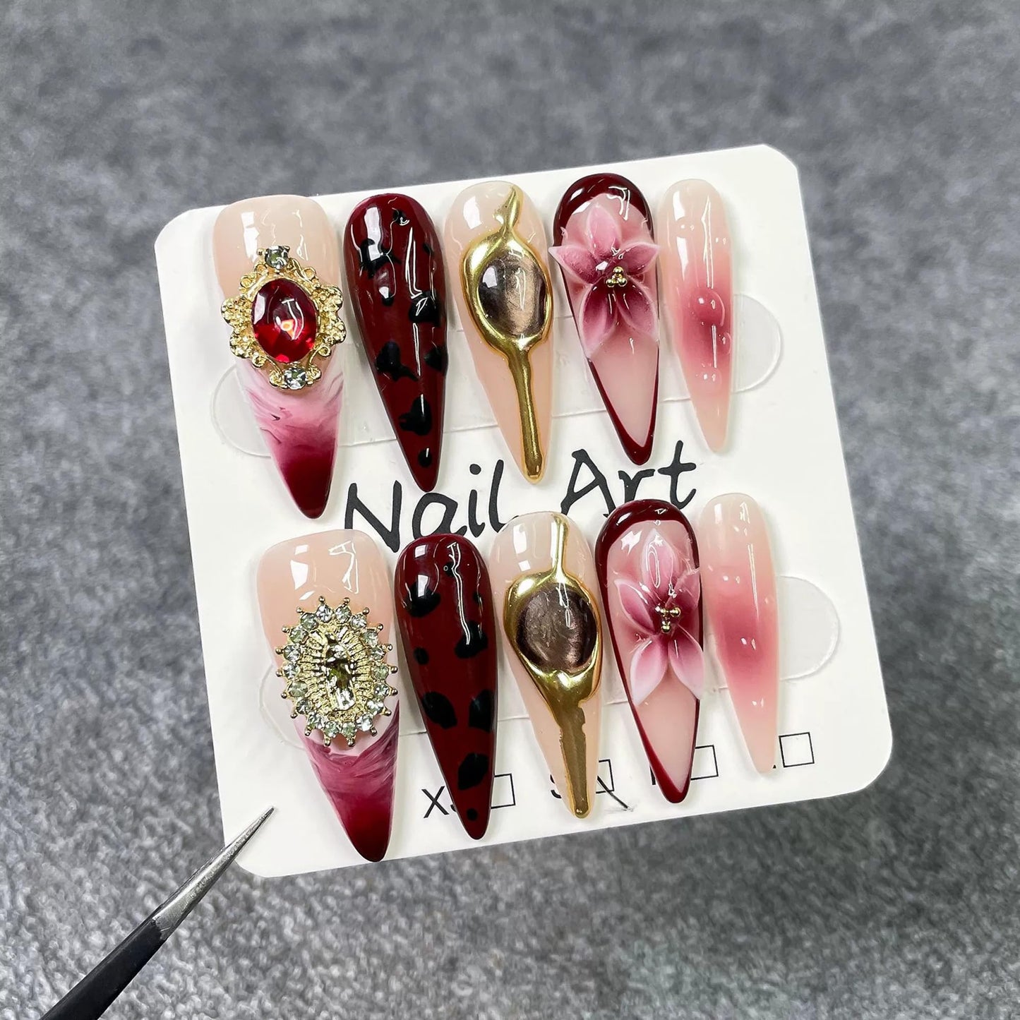 Handmade Press on Nails Long - Burgundy French Tips 3D Floral Fake Nails Glossy Stiletto False Nails with 3D Cat's Eye and Charms Designs Acrylic Nail Sparkly Stick on Nail for Women 10Pcs (Size M)