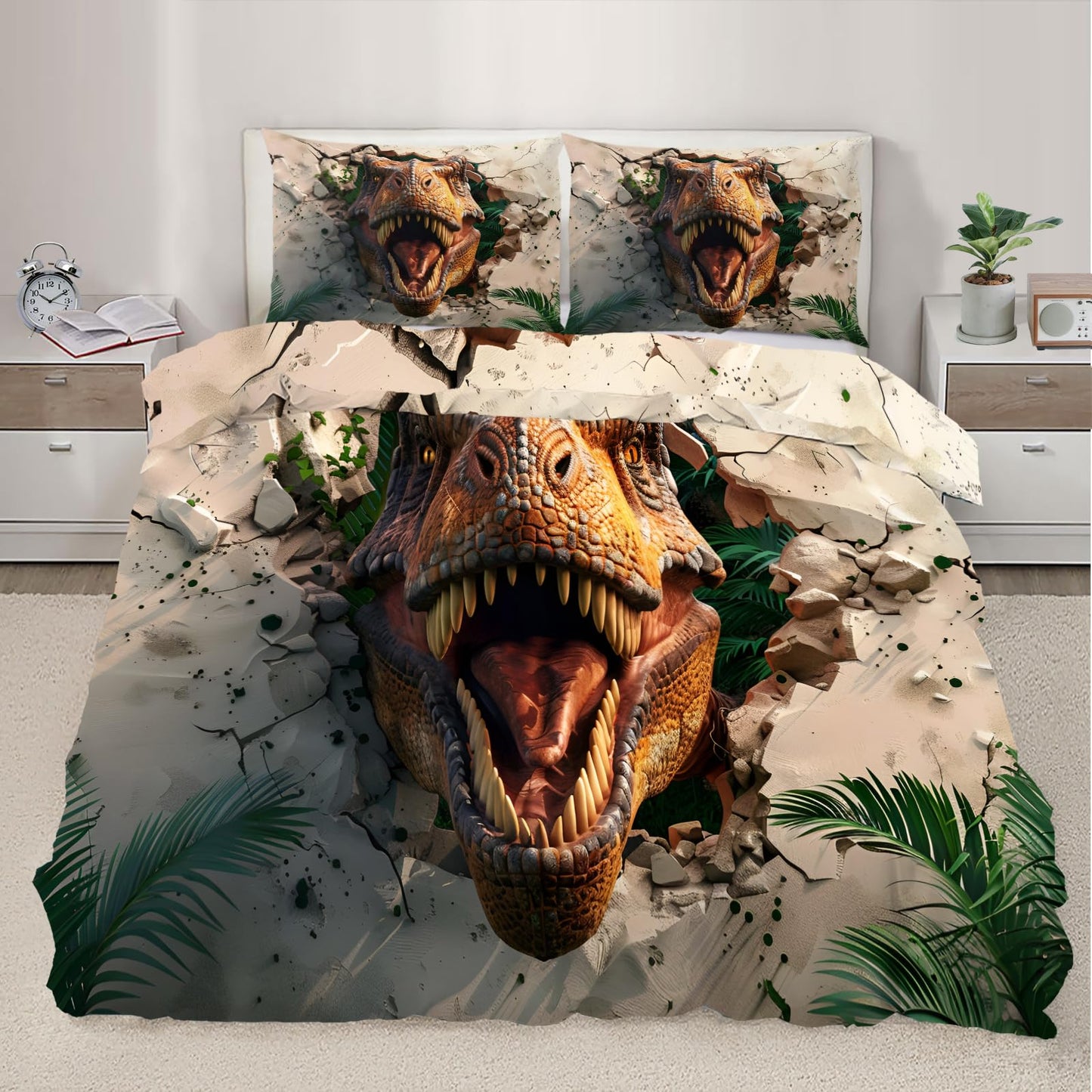 PAISUOQ Dinosaur Bedding Sets, Abstract Animal Duvet Cover Queen, Funny Dinosaurs Comforter Cover with Zipper Ties, 3 Pieces with 2 Pillowcases, Home Decor & Gifts