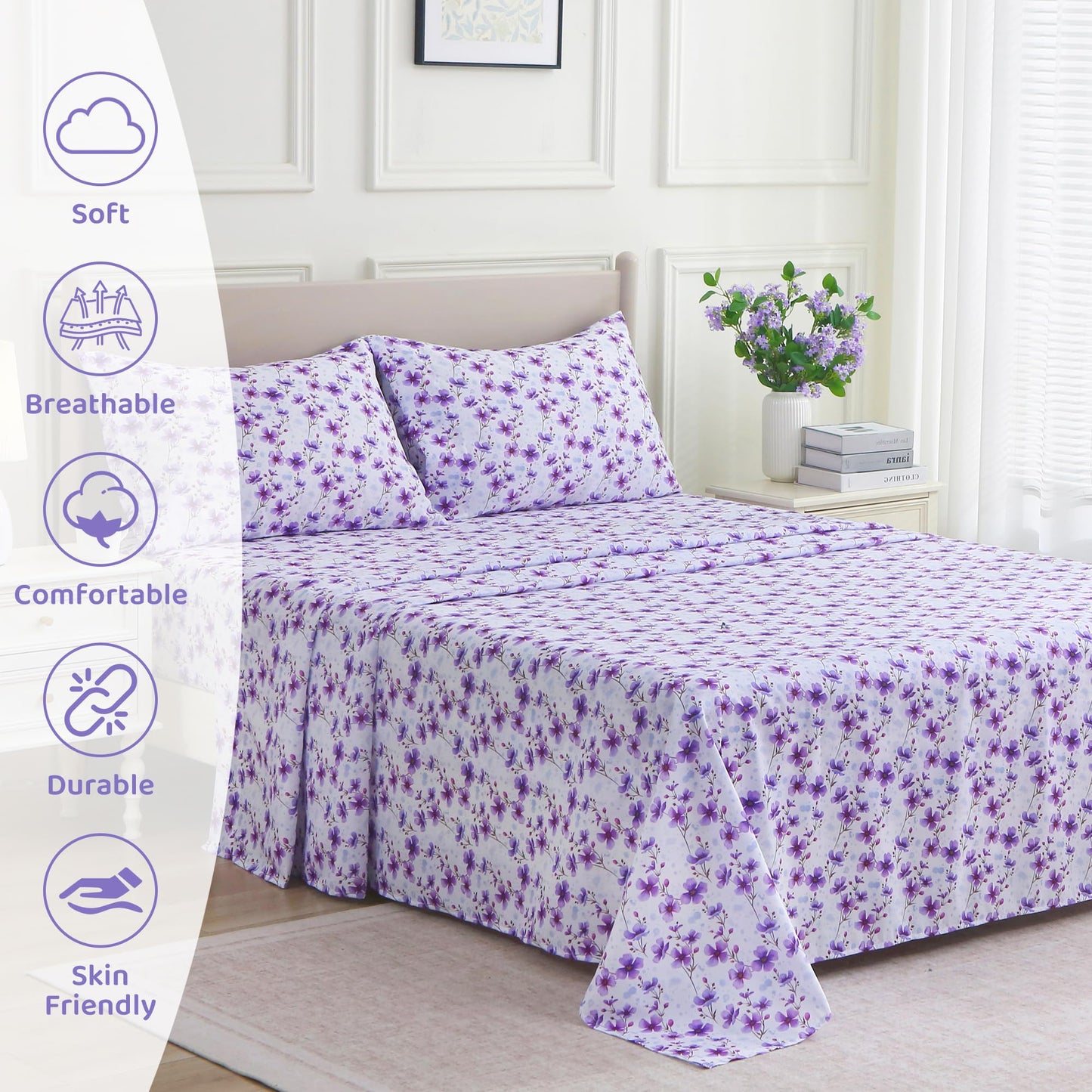 Mooreeke Cozy Floral Microfiber Printed Full Sheet Set - Soft & Breathable Purple Floral Bed Sheets with Deep Pocket - Non-Slip Fitted Design - Purple Flowers Pattern - Full