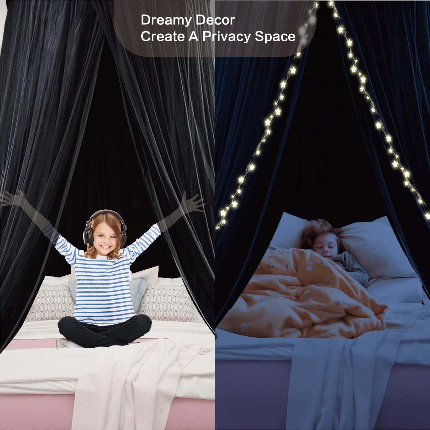 ZXPLO 40"x 106" Bed Canopy for Girls & Adults, Double Layer Princess Round Dome Bed Curtain Canopy Drapes, Dreamy Mosquito Net Reading Nook, Bedroom Decoration (Black)