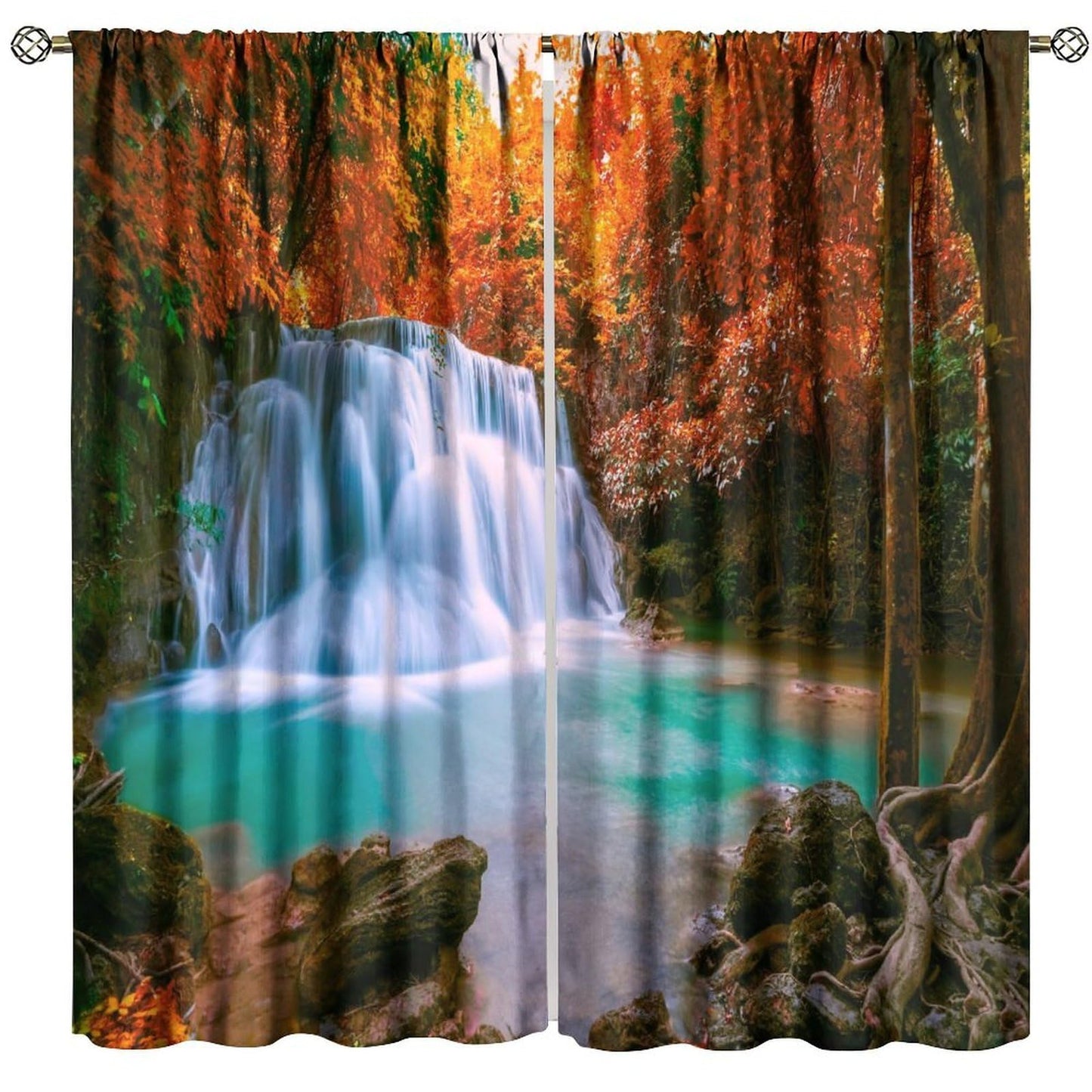 GoDazzling Autumn Forest Waterfall Blackout Curtains, Fall Leaves Trees Jungle Country Nature Landscape Window Drapes, for Bedroom Living Room 42" W X 45" L