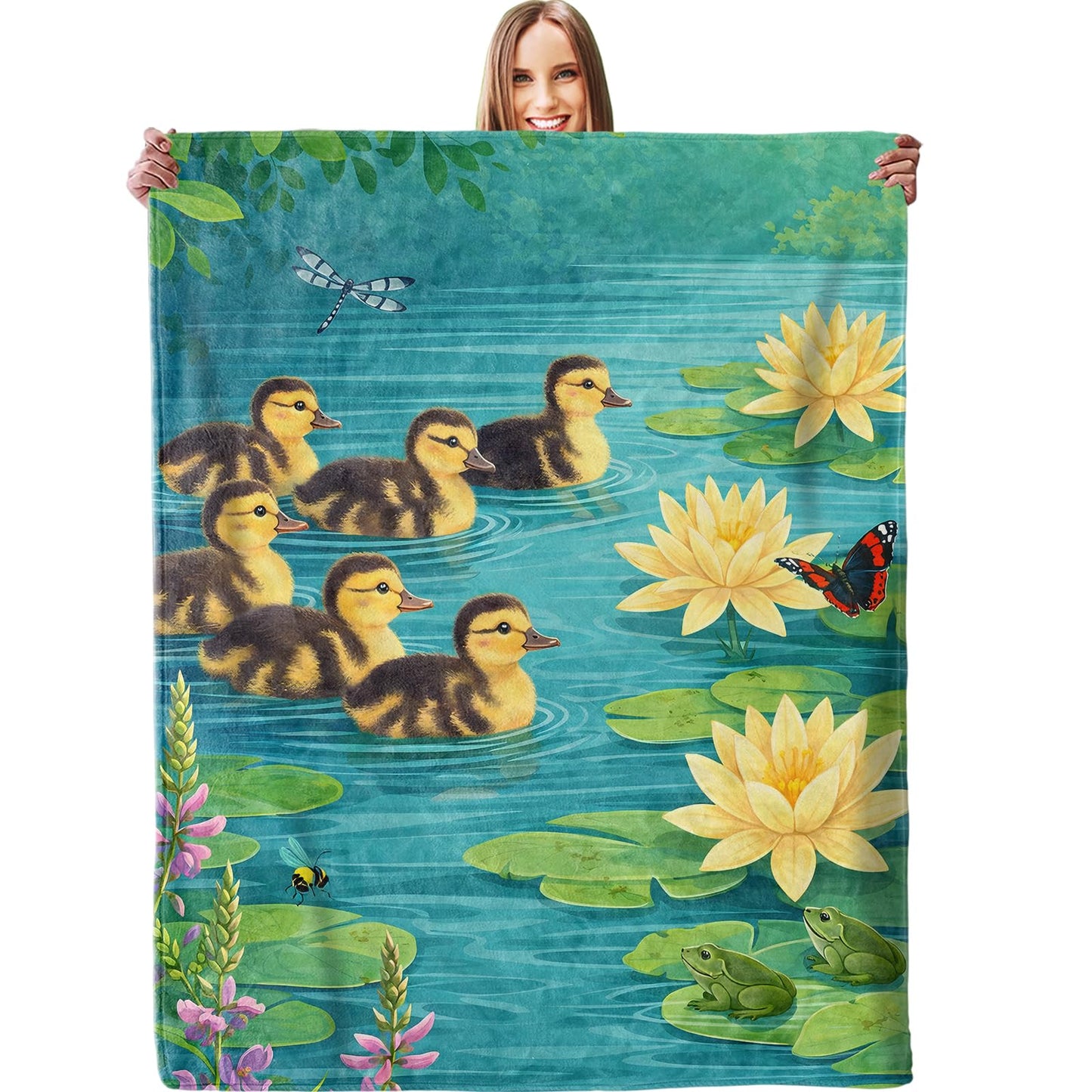 dhakalrlde Cute Duckling Pond Blanket, Soft Cartoon Ducks Water Lily Scene Throw Animal Blanket Gifts for Women Boys Girls Kids, Lightweight Warm Cozy 60×50 inch Flannel for Couch, Travel, Bed, Decor