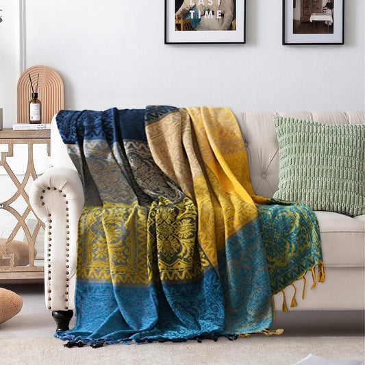 BCOTTOND Boho Throw Blanket Couch Woven - Softest Chenille Colorful Jacquard Blanket,Hippie Decor Bed Throws for Couch Cover Sofa Chair,60X75,Blue Navy