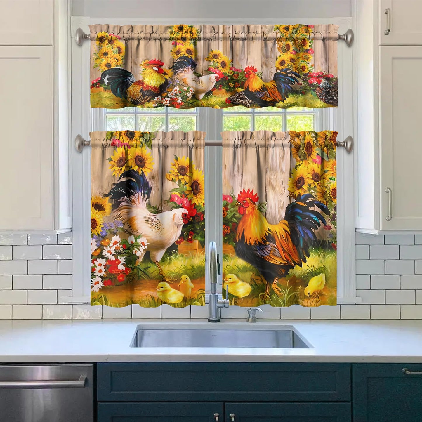 aiwkjdns 3 Piece Chicken Kitchen Curtains and Valances Set for Windows Rooster Kitchen Window Curtains Over Sink Decor 27.5x36 in