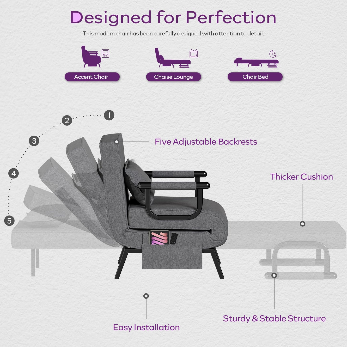 TYBOATLE Sleep Chair Bed, Comfy Convertible Sleeper Chairs for Adults, 5 in 1 Folding Sofa Bed with Adjustable Backrest & Side Pockets & Pillow, Cozy Small Couch for Small Spaces, Office (Dark Grey)