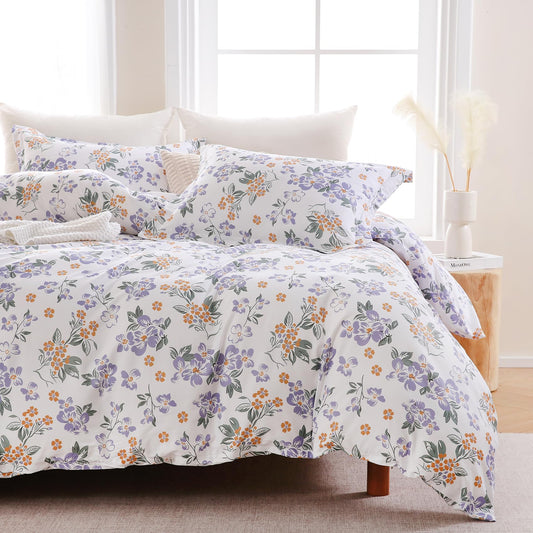 Ocharo Purple Floral 100% Cotton Duvet Cover King Size,Reversible Modern Orange Floral Bedding Set Cotton with Zipper Closure,Soft 3 Pieces Chic Abstract Flowers Comforter Cover with 2 Pillow Shams