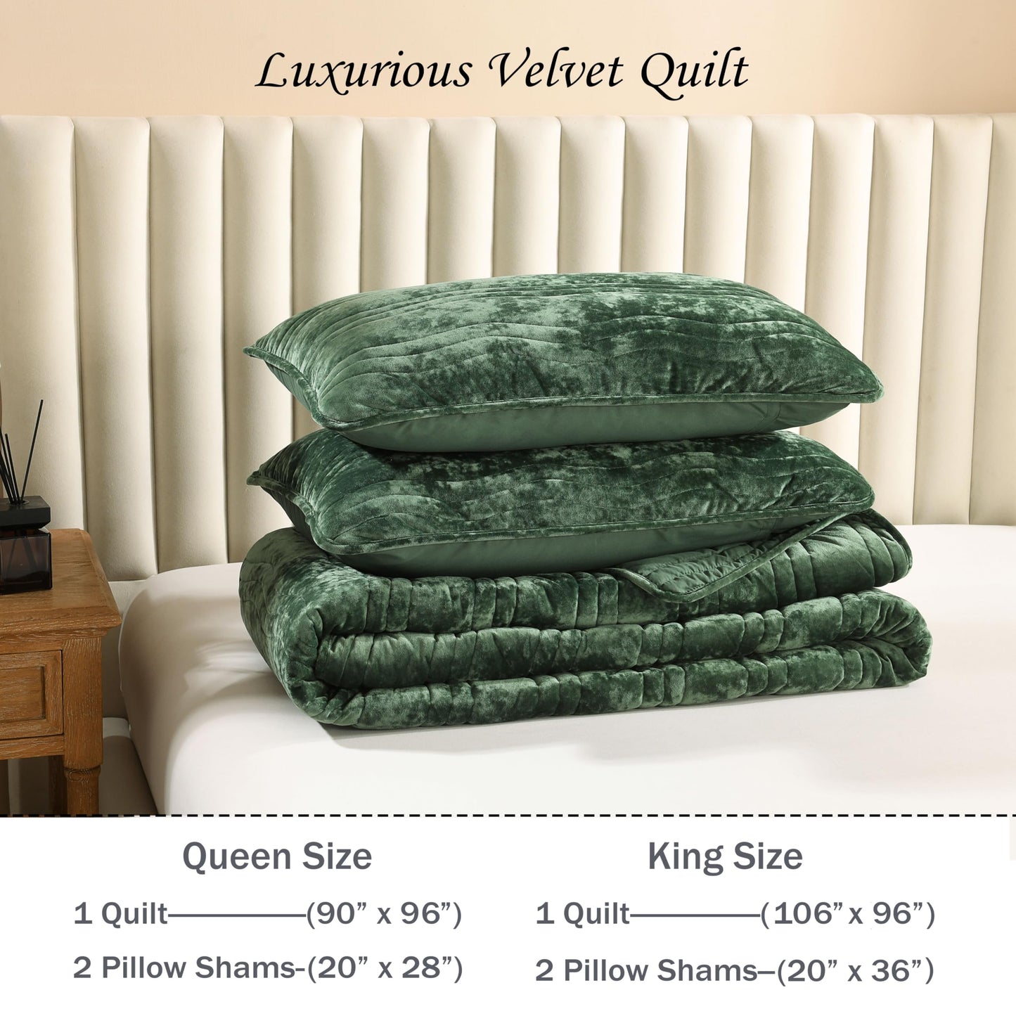 AJOCCI Velvet King Size Comforter Set, Luxurious King Quilt, Green Bedding Set, Soft Plush Bedspread, Lightweight for All Season,Emerald Green