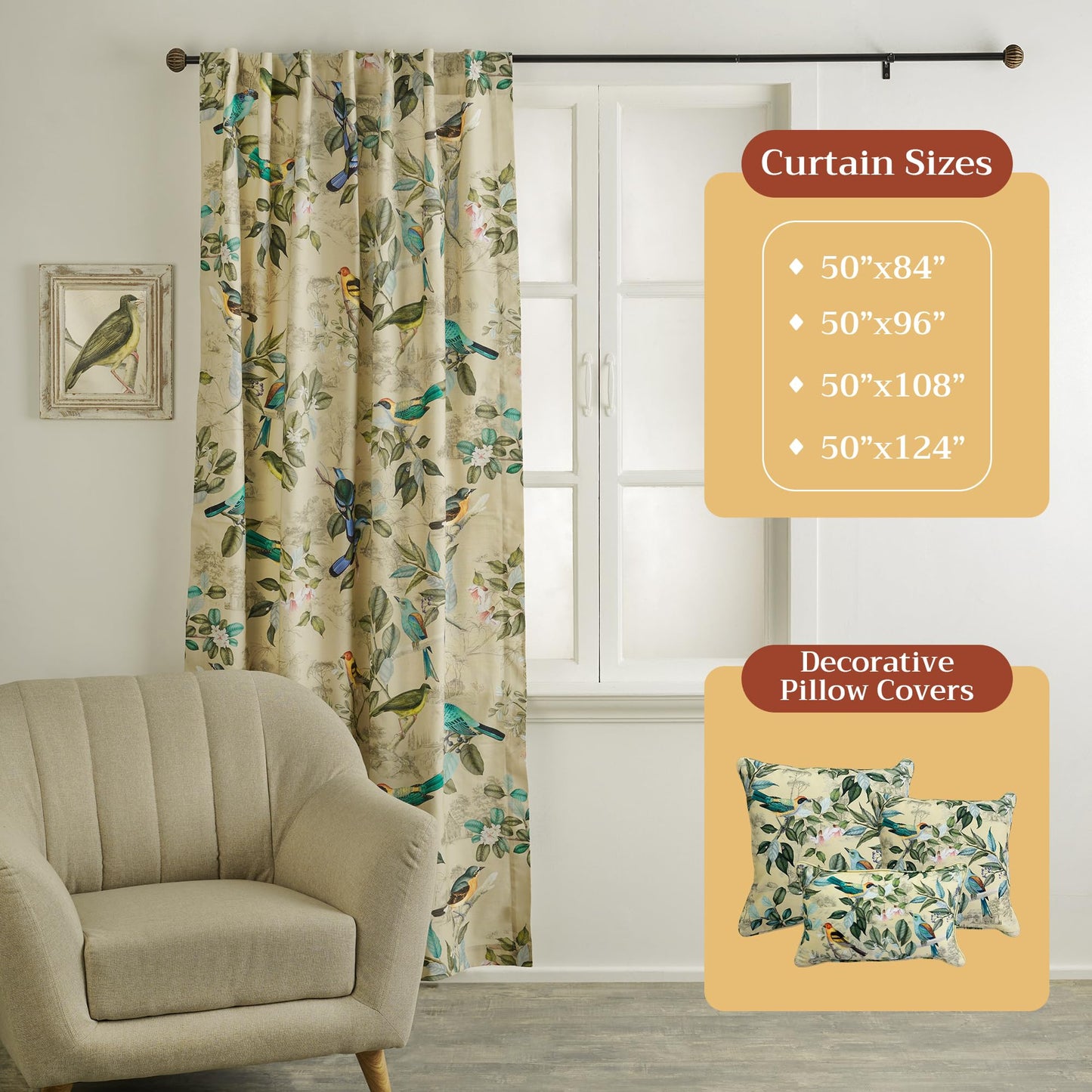 Maison d' Hermine Curtains for Living Room 100% Cotton 96 inch Length One Panel Light Filtering Curtains for Windows with Rod and Loop Pockets (Solstice - Garden Glade, 50" W x 96" L)