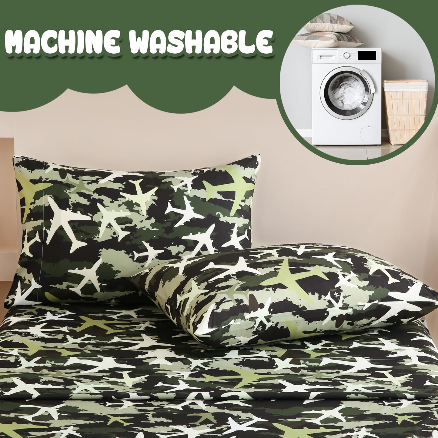 Yibeizi Airplane Sheet Set for Boys Twin, Kids Camouflage Green Print Bedsheets Microfiber Deep Pocket Cute Patterned Bed Sheet & Pillowcase Sets 3 Pieces