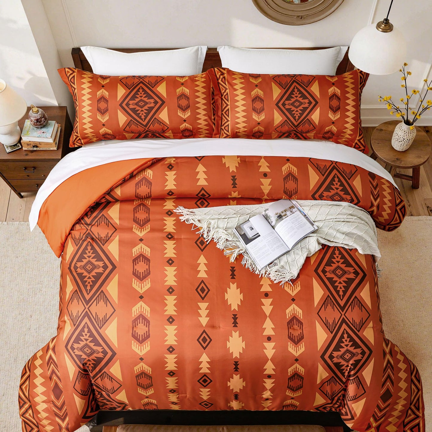 Tyrot King Comforter Set – 3 Piece Burnt Orange Boho Aztec Bedding, Western Southwestern Style Comforter Sets, Soft Lightweight Comforter for All Seasons, 1 Comforter & 2 Pillow Shams