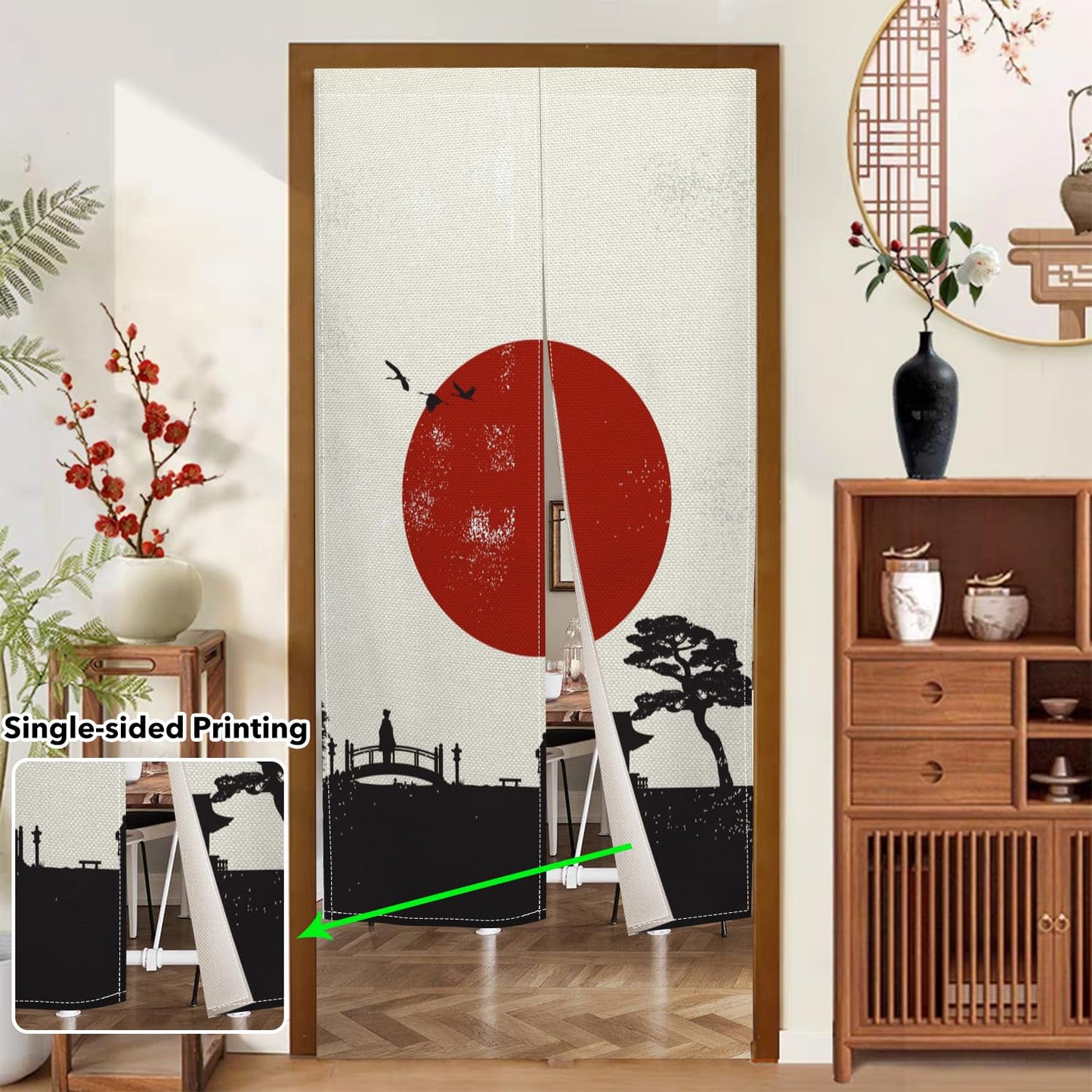 Leowefowa Japanese Doorway Curtain Noren Traditional Japan Feng Shui Window Treatment Ink Warrior Sun Printed Door Tapestry for Wall Hanging Bedroom Divider Kitchen Home Bar Decorations, 33.5"x 70.9"