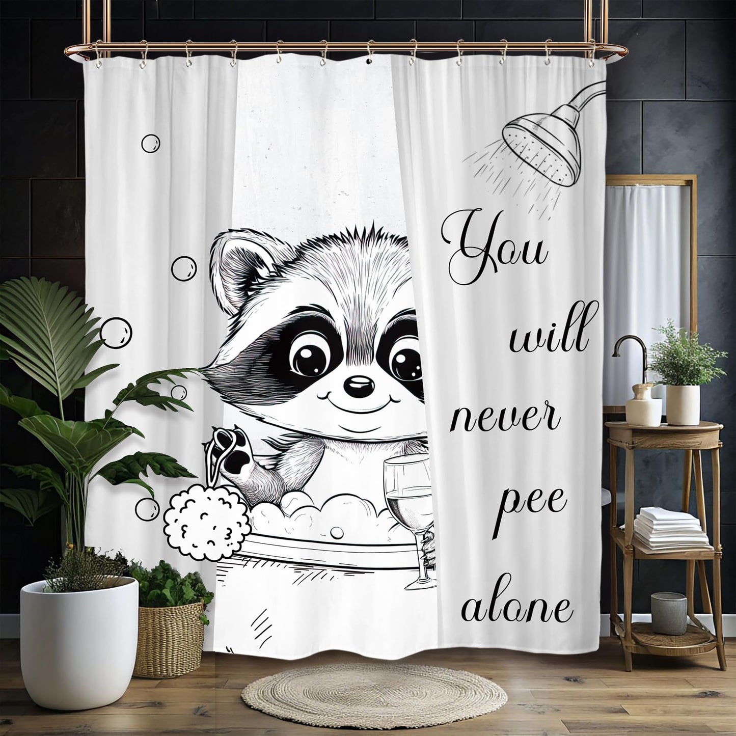 Miyotaa Funny Raccoon Animal Shower Curtain Set 60Wx71H Inches Hilarious Black White Kids Cute Interesting Waterproof Bathroom Curtain with 12 Hooks