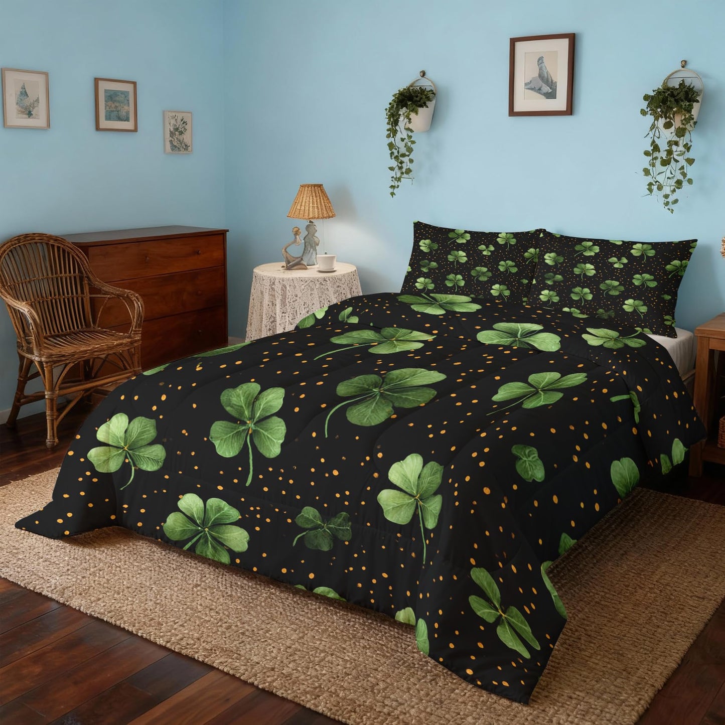 Garden Floral Comforter Set King Size 3Pc, Black Green Leaf Pattern Down Alternative Bed Comforter, 2 Pillow Shams, Soft All Season Bedding, Leaves Bedroom Decor A14