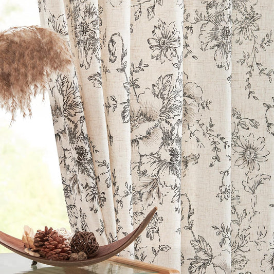 jinchan Floral Curtains for Living Room 84 Inch Length Farmhouse Printed Curtain Rod Pocket Back Tab Black Peony Flower Patterned Drapes Bedroom Window Curtains Set 2 Panels 25% Linen 75% Polyester