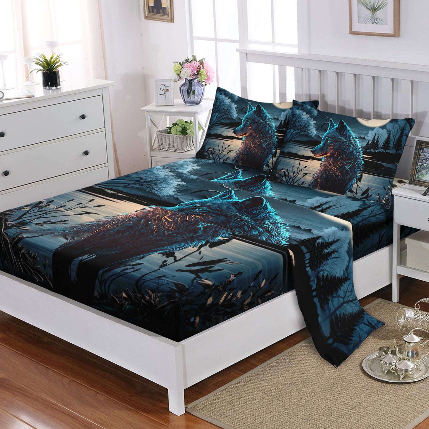 Nttopship Moon Wolf 4 Pieces Bed Sheet Sets Full Size Moon and Cartoon Wolves Bedding Sets with 16" Deep Pockets Wild Animal Printed Bedroom Decor,Bedding Set 4 PCS(1 Fitted+1 Flat+2 Pillowcases)