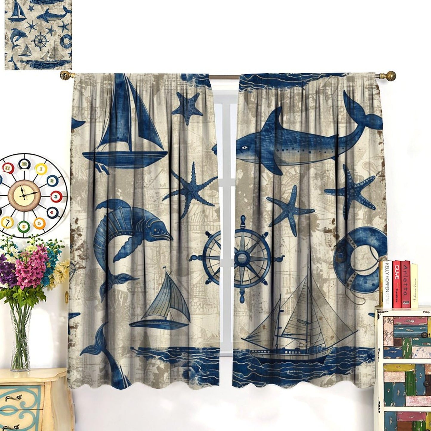 TOWINSFB Compass Sailboat Shark Blackout Curtains, Retro Nautical Ocean Starfish Home Decor Rod Pocket Window Drapes for Living Room Bedroom - 42" W x 45" L