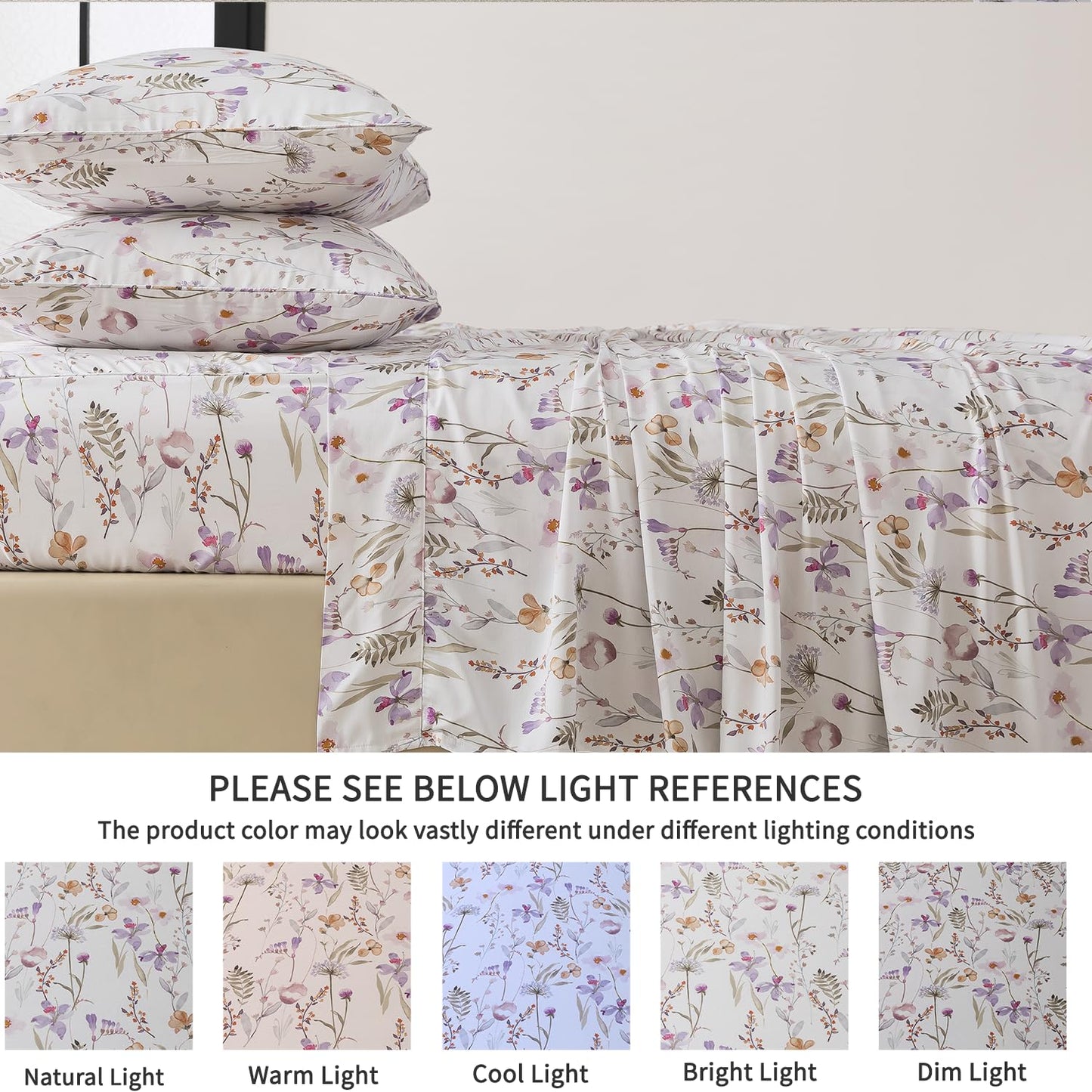 FADFAY Twin Size Sheet Set, 70% Viscose Derived from Bamboo, 30% Cotton 4 Pieces Country Style Lavender and Orange Floral Print Bedding, Deep Pocket Fitted Sheet