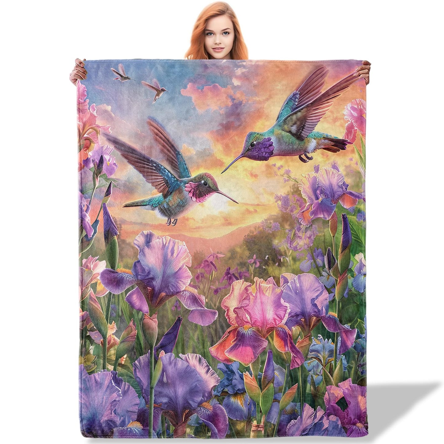 Plistiz Floral Hummingbird Throw Blanket for Women Girls Boys, Soft Flannel Blankets Gifts for Living Room Couch, Home, Sofa Decor, 50"x60"