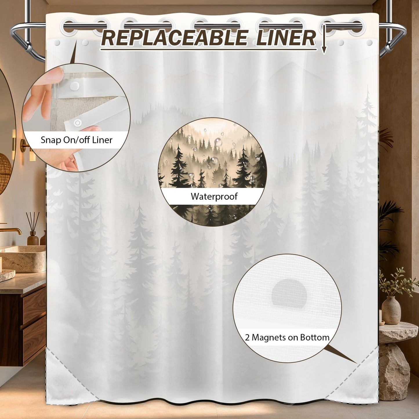 Bxpaitx Dark Brown Forest Hookless Shower Curtain with Snap in Liner Set, Chocolate Bronze Brown No Hook Shower Curtains for Mens Bathroom, Liner with Magnets, Waterproof Cloth Fabric, 71" W x 74" L
