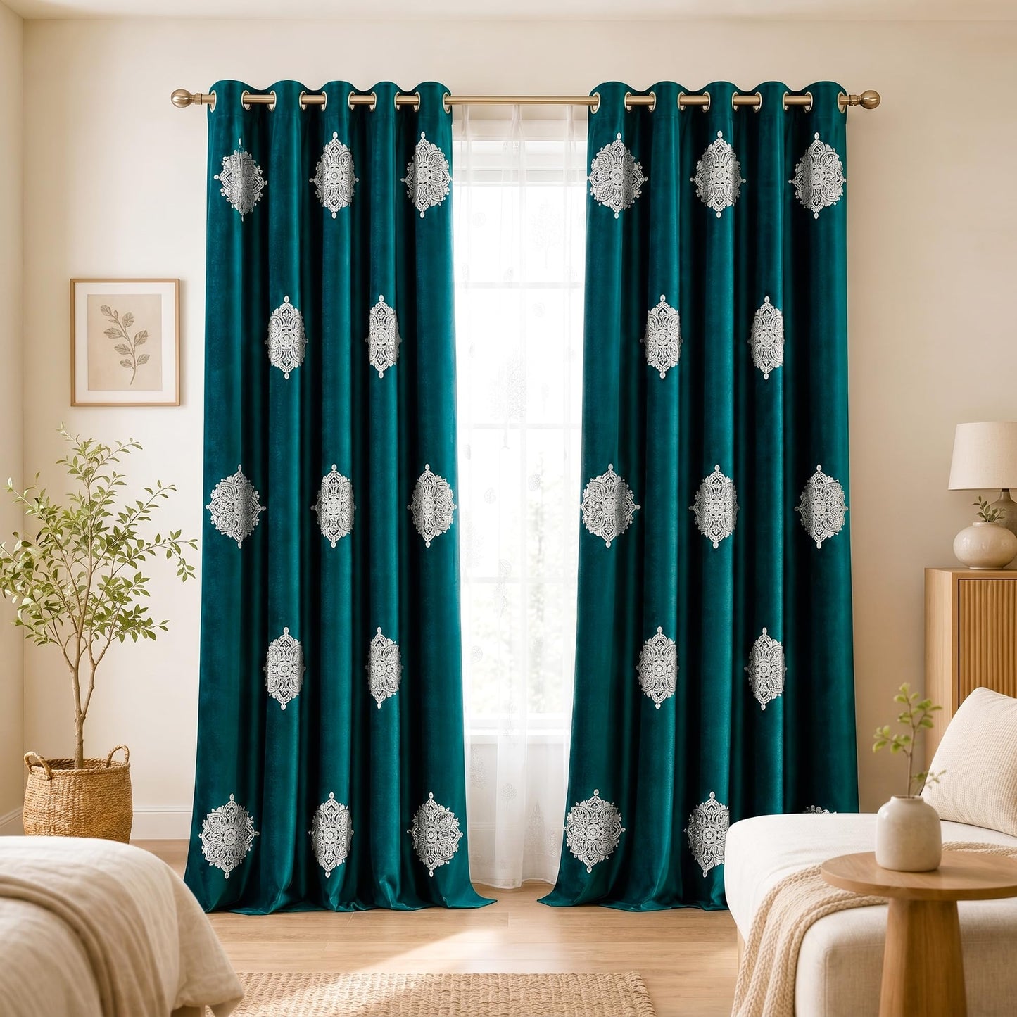 VOGOL 2 Panels Blackout Curtains for Living Room, White Flowers Embroidered Room Darkening Window Drapes for Bedroom, 52x84, Dark Green