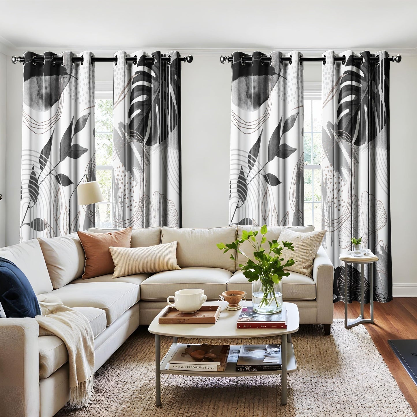 soeeao Boho Grey and White Leaf Blackout Curtains, Bohemian Mid Century Modern Black and Charcoal Gray Palm Window Drapes for Bedroom Living Room, 84 inch Length 2 Panels Set, 52x84 inch