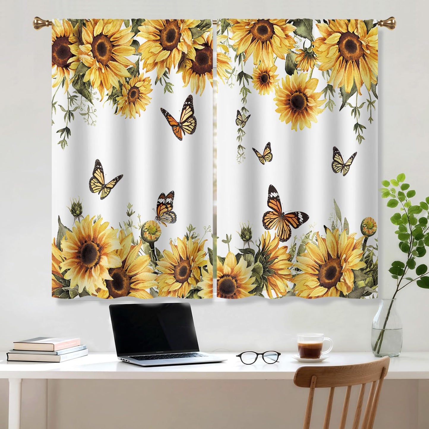 Cizuug Sunflower Yellow Floral Kitchen Curtain Rustic Country Flower Butterfly Farmhouse Over Sink Small Short Cafe Tier Bright Window Drapes Bathroom Home Decor 2 Panels