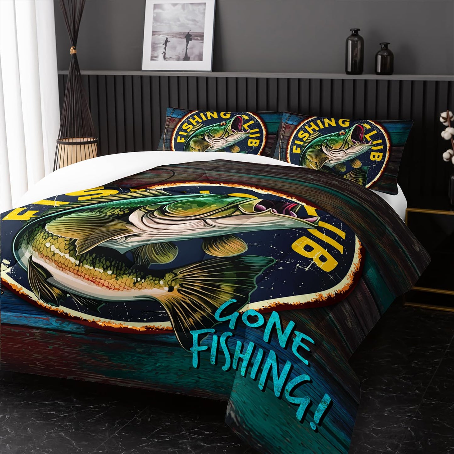 Nttopship Big Pike Fish Bedding, Bass Fishing Comforter Set Hunting and Fishing Themed Comforter Set for Kids Boys Room Decor, Twin Bed in a Bag for Teens with 2 Pillowcases