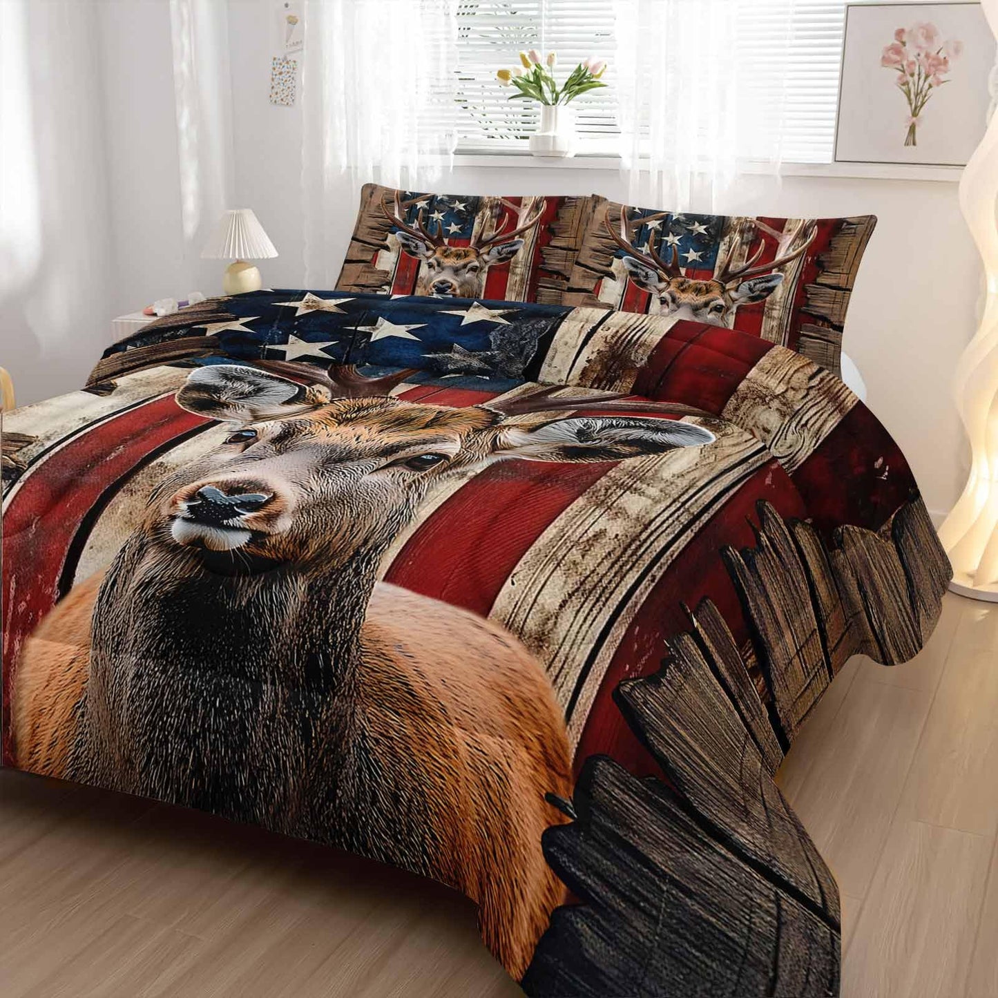 Nttopship Deer Hunting Comforter Sets Twin Size,American Flag Bedding Set 3 Piece for Girls Women Teens Adult Kids Boys,Woodland Moose Wildlife Room Decor Comforter Set with 2 Pillowcases