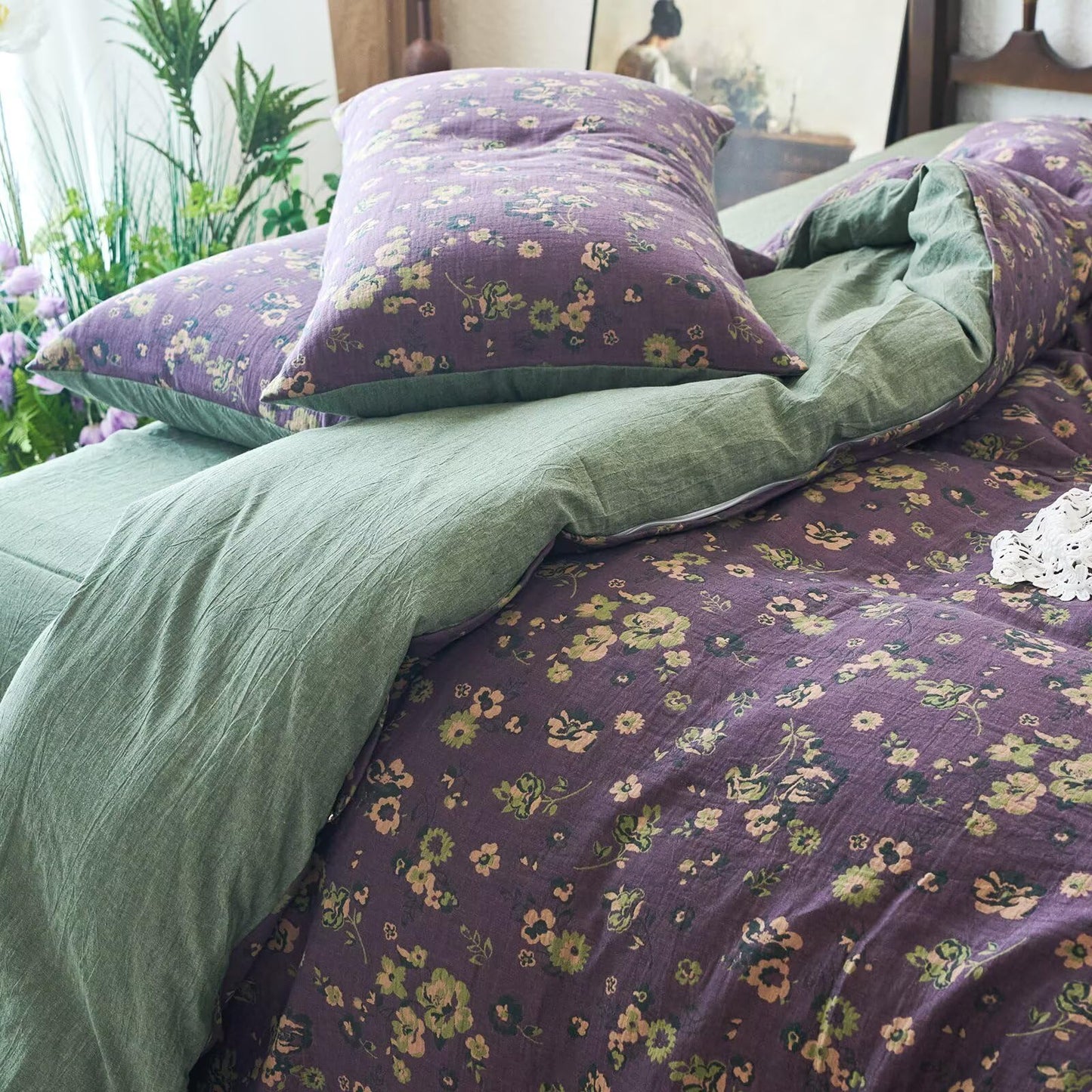 mixinni Vintage Floral Duvet Cover King Set - Purple & Green Reversible Jacquard, 100% Yarn-Dyed Double-Layer Cotton, Breathable Luxury Bedding (3-Piece, Includes 2 Pillowcases) Farmhouse & Bohemian
