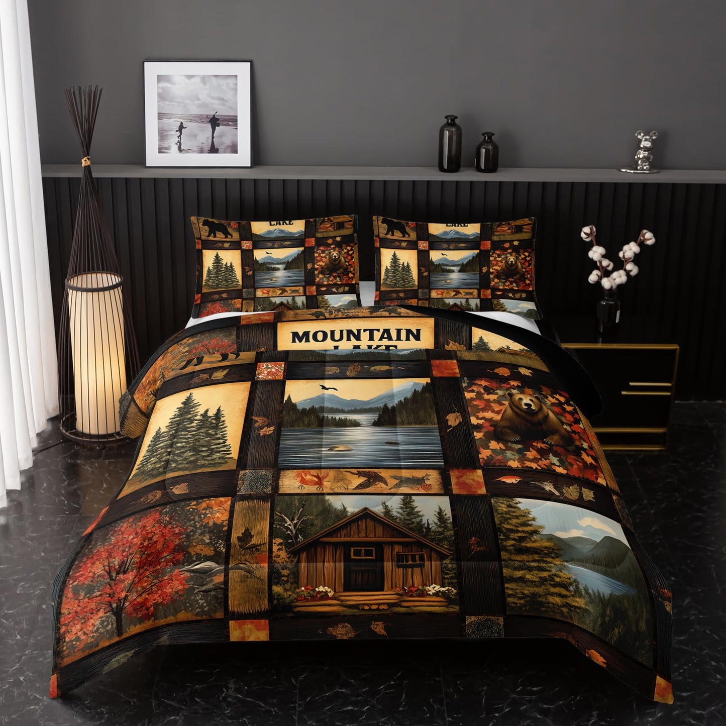 Nttopship Hunting Bear Comforter Set Twin,Bear Cabin Plaid Comforter Set Bedding Set for Kids Boys Men Adults Wildlife Pine Trees Rustic Farmhouse Soft Microfiber Comforter with 2 Pillowcases