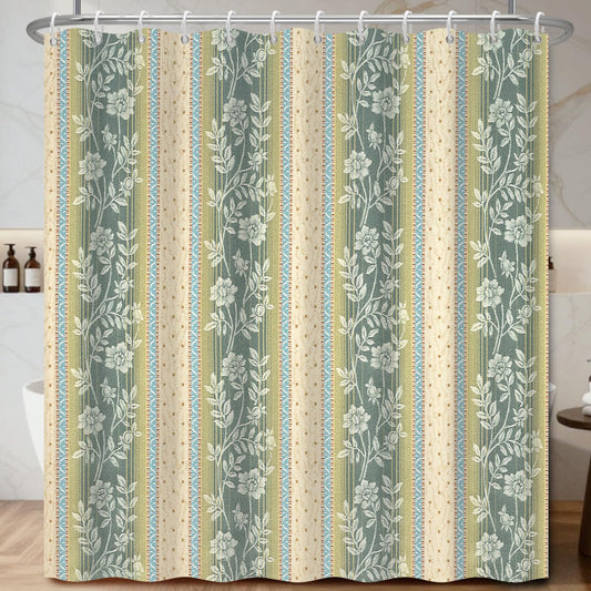Xiazhilaio Vintage Green Vertical Stripe Floral Shower Curtain with Hooks, White & Green Wildflower Vine Print, Waterproof Polyester for Cottagecore French Country Bathroom Decor, 71x74 Inch