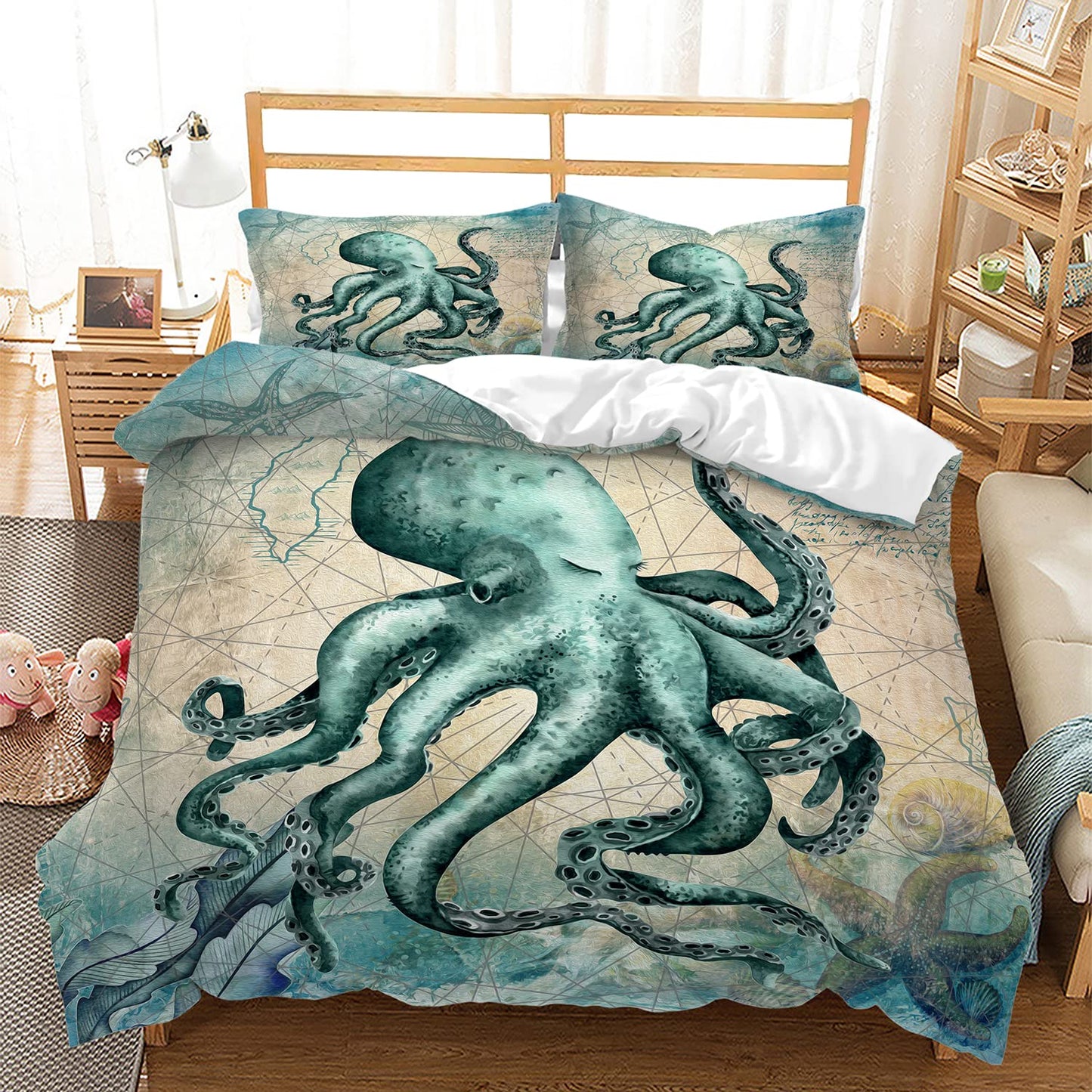 CVHOUSE Octopus Duvet Cover Queen Size,Sea Animal Mediterranean Style Design Bedding Set,Ocean Comforter for Kids Teens,1 2 Pillowcases 3 Piece Queen 89'x89'