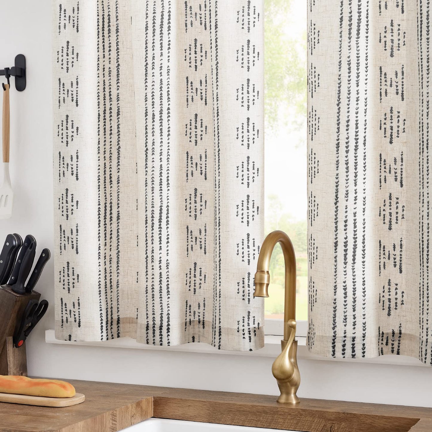 jinchan Boho Kitchen Curtains Linen Tier Curtains 36 Inches Bohemian Cafe Small Drapes Striped Mudcloth Farmhouse for Bathroom RV Camper Light Filtering Rod Pocket 2 Panels Black on Beige