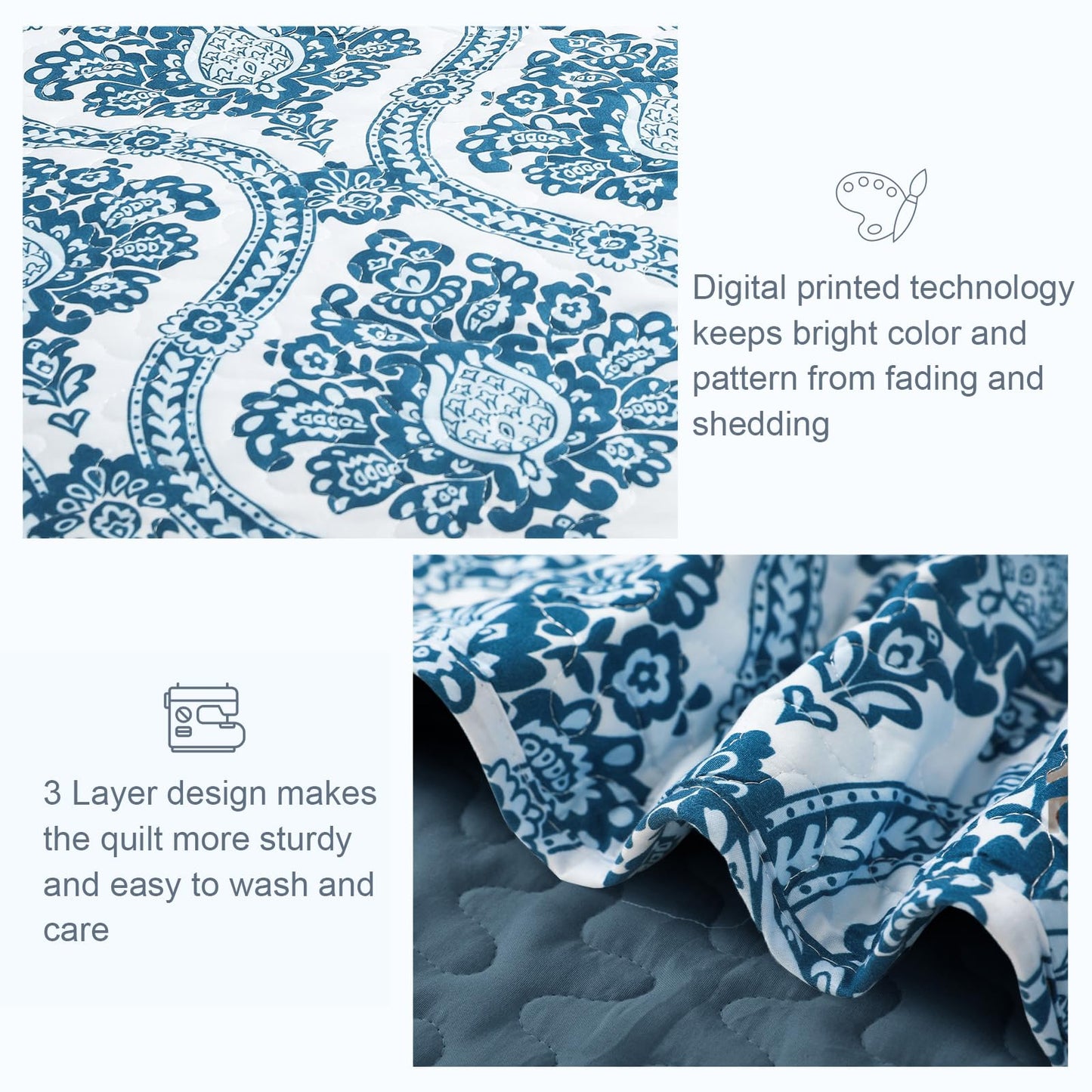 Exclusivo Mezcla Reversible Boho Quilts Queen Size, Blue Soft Bedspreads Lightweight Coverlet All Season Damask Quilt Bedding Set with Printed Floral Pattern (1 Quilt, 2 Pillow Shams)