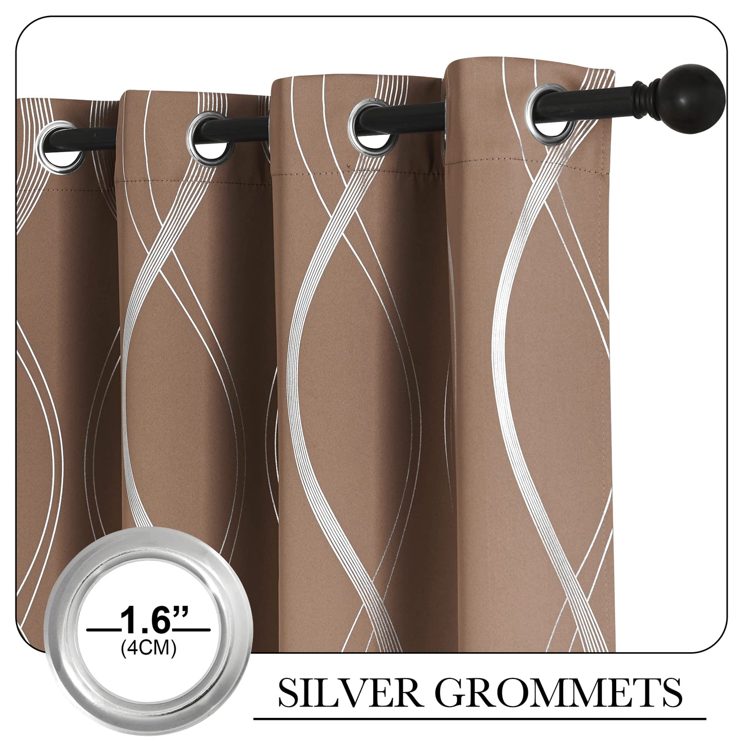 NICETOWN Blackout Curtains Panels for Living Room, Sound Reducing Thermal Insulated Wave Line Foil Print Design Blackout Curtains for Patio Sliding Glass Door (2 Panels, 52 x 84 Inch, Cappuccino)