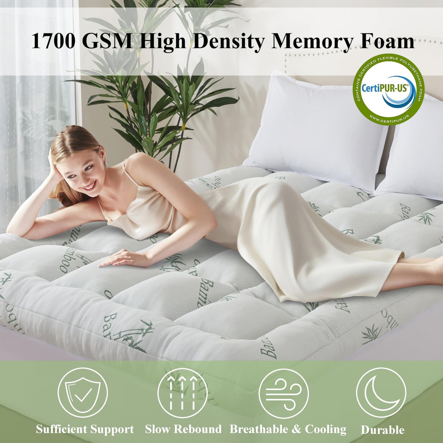 ELNIDO QUEEN® 3 Inch Memory Foam Mattress Topper Full Size - Cooling Breathable Bamboo Viscose Pillow Top for Hot Sleepers, 1700 GSM Fill, Ultra Soft Mattress Pad for Back Pain Relief, 3"x54"x75"