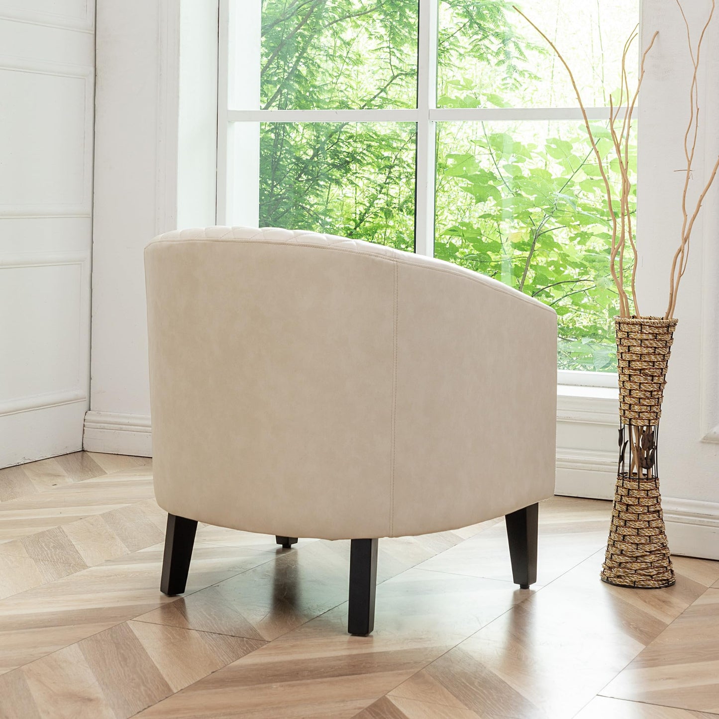 KINWELL 29" W Modern Faux Vegan Leather Barrel Chair, PU Upholstered Tufted Accent Club Chairs with Nailhead Trim, Small Armchair for Living Room Bedroom Apartment Lounge Nursery, Cream