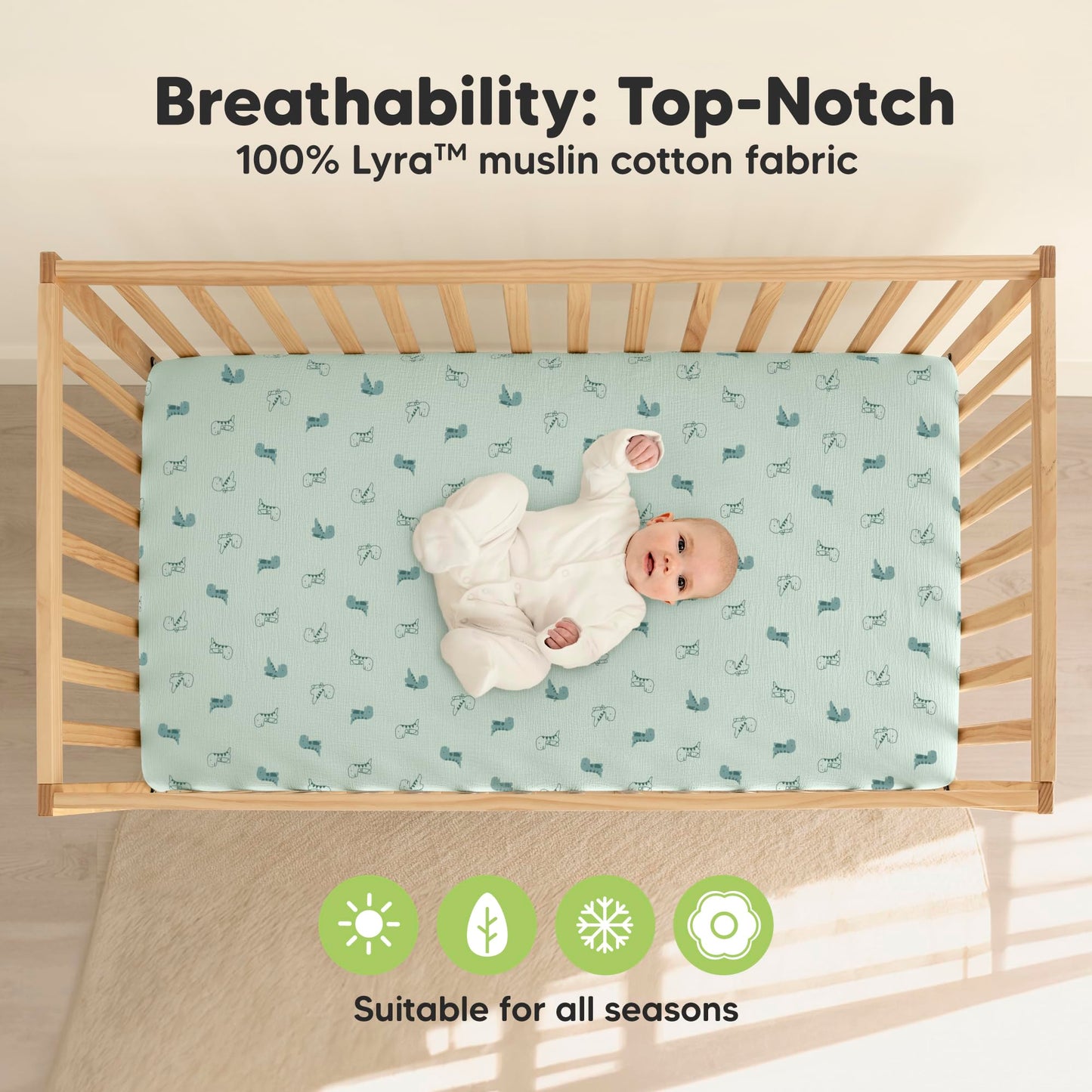 KeaBabies 2-Pack Muslin Crib Sheets for Boys, Girls - 100% Organic Cotton Fitted Baby Crib Mattress Sheet, Soft Breathable Standard Toddler Bed Cover Bedding Set, Neutral, Durable 52x28 (Dino Park)